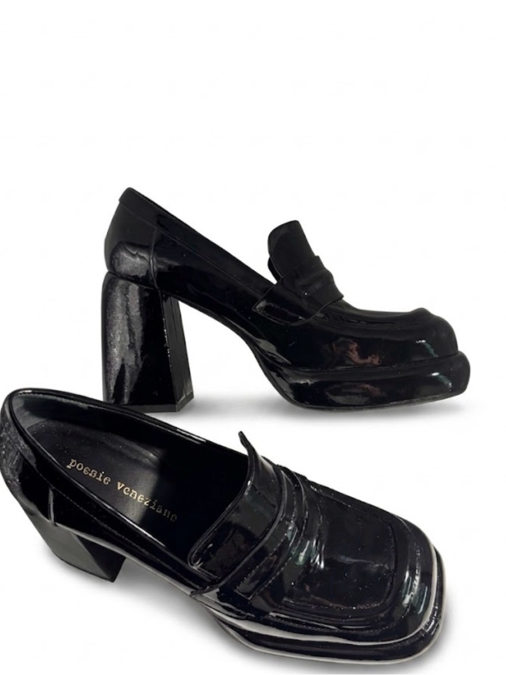 Poesie Veneziane Black Patent Leather Platform Block Heel Loafers - 8 (39)